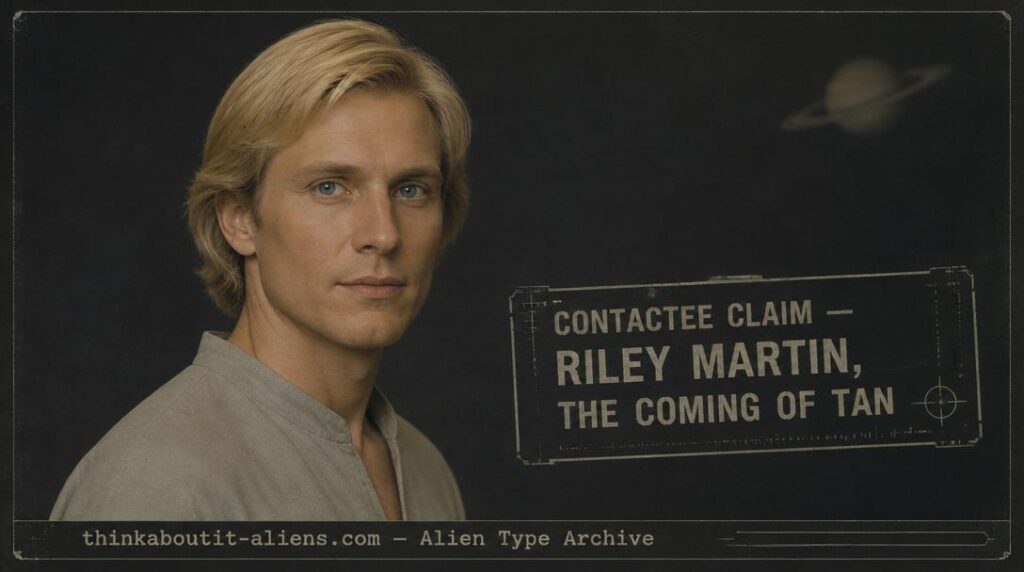 Restrained archive portrait of a blonde-haired, blue-eyed humanoid figure representing the Dorians as described by contactee Riley Martin, with Saturn faintly visible in the background