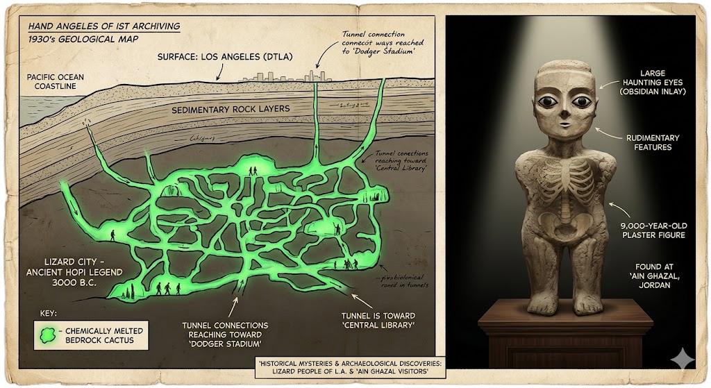 A map of the Los Angeles Lizard People tunnels alongside an ancient Jordanian statue.