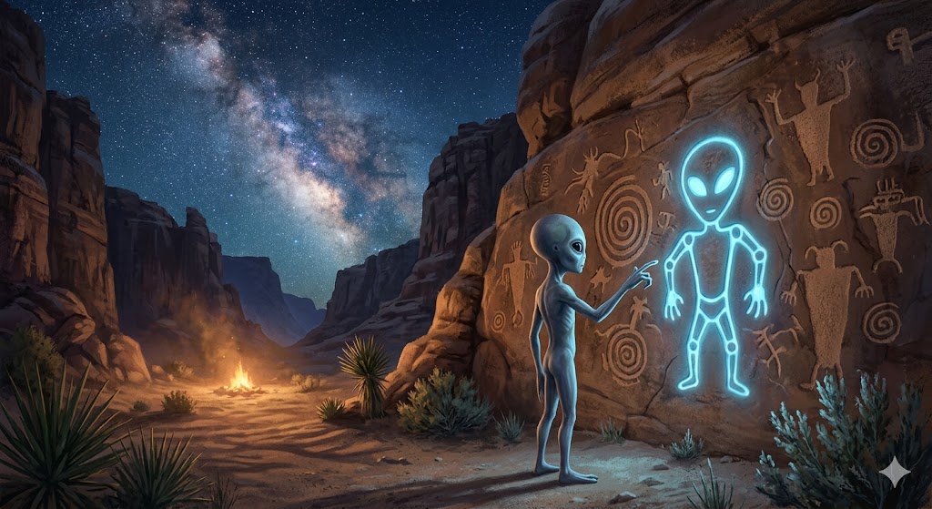 A Grey alien standing before a glowing Hopi petroglyph of a Star Person in a desert canyon.