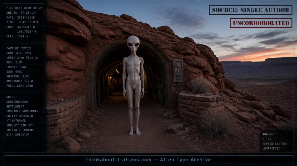 Slender narrow-headed humanoid figure with large dark eyes at an underground settlement entrance in a red-rock desert at dusk, illustrating the corrected Altimarians alien type