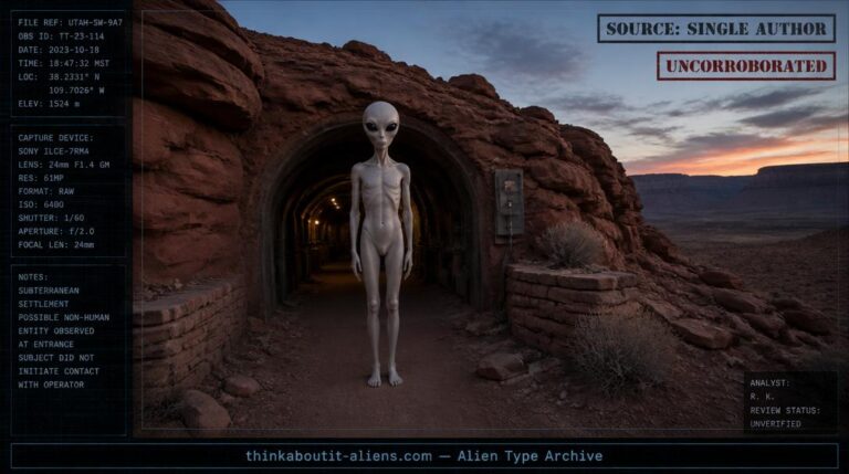 Slender narrow-headed humanoid figure with large dark eyes at an underground settlement entrance in a red-rock desert at dusk, illustrating the corrected Altimarians alien type