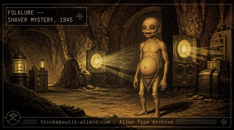 Pulp-style archive illustration of a small, thin-limbed subterranean being with ray-projection machinery, based on Richard Shaver's original 1940s description