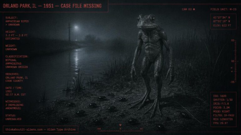 Illustration of the Frogman, a bipedal amphibian cryptid reported near Orland Park, Illinois in 1951