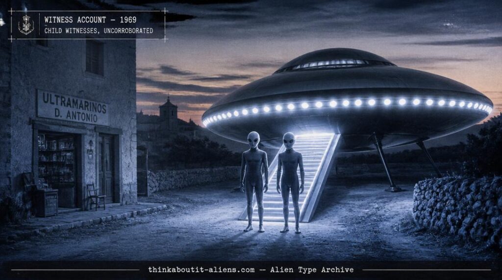 Two tall humanoid figures beside a landed circular craft on a 1969 Spanish street at dusk, illustrating the La Coruña Aldebaran contact case
