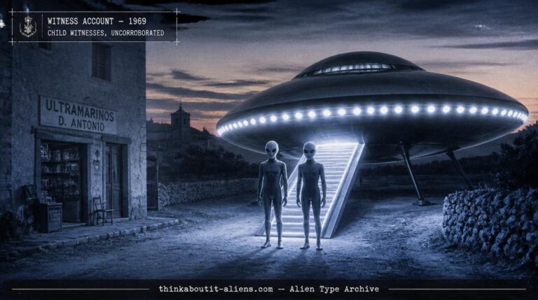 Two tall humanoid figures beside a landed circular craft on a 1969 Spanish street at dusk, illustrating the La Coruña Aldebaran contact case