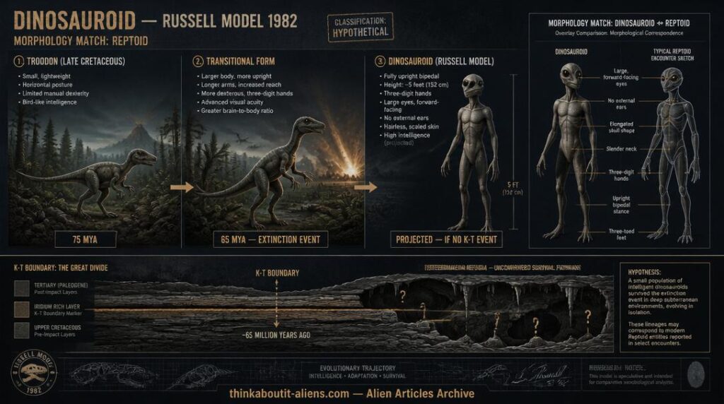 Three-stage evolutionary sequence from Troodon to intermediate form to full Dinosauroid with transparent Reptoid encounter sketch overlay showing morphological match