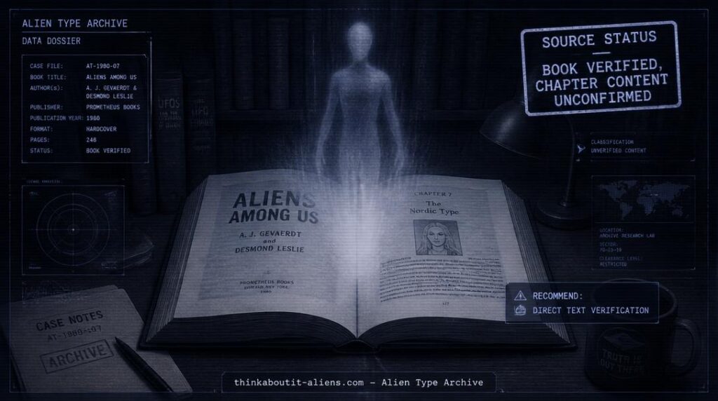 Dossier-style illustration of a translucent humanoid figure rising from an open 1980s-style book, representing the unverified "Cessna" claim attributed to Ruth Montgomery's Aliens Among Us.