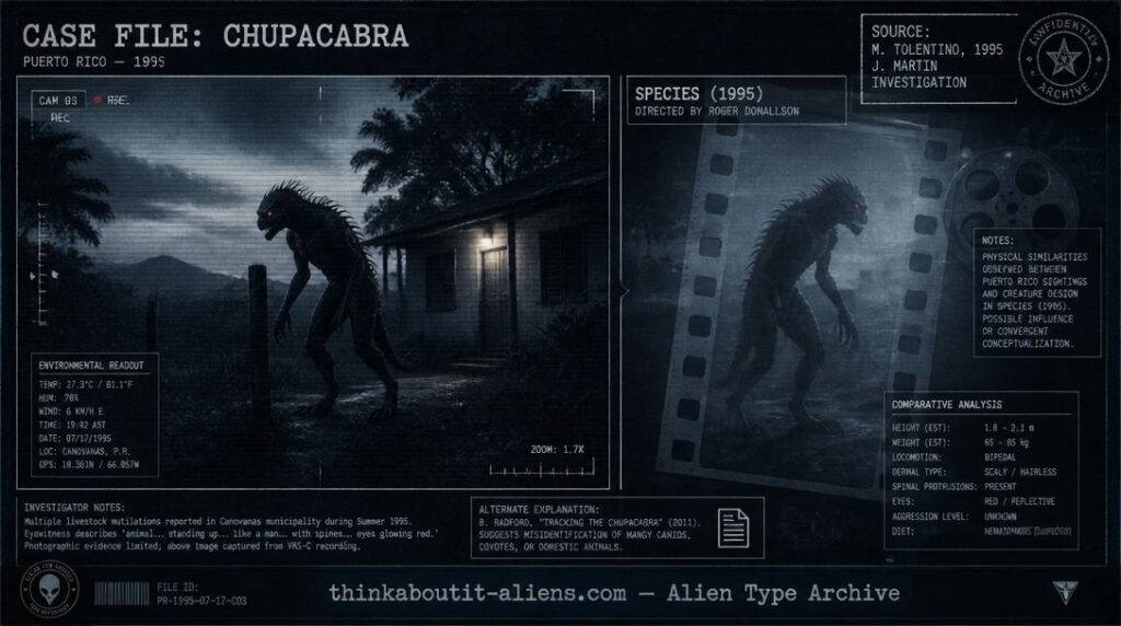 Dossier-style split illustration of a bipedal, spined, red-eyed creature at a Puerto Rican house at dusk, paired with a faint film-reel motif referencing the "Species" film connection.
