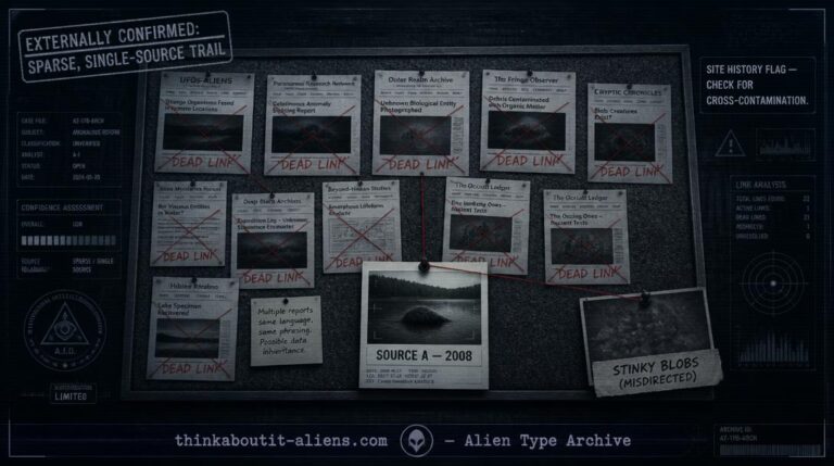 Dossier-style illustration of a research corkboard with mostly dead-linked pages, one clear photo labeled Source A, and a separate faded image labeled Stinky Blobs marked as misdirected.