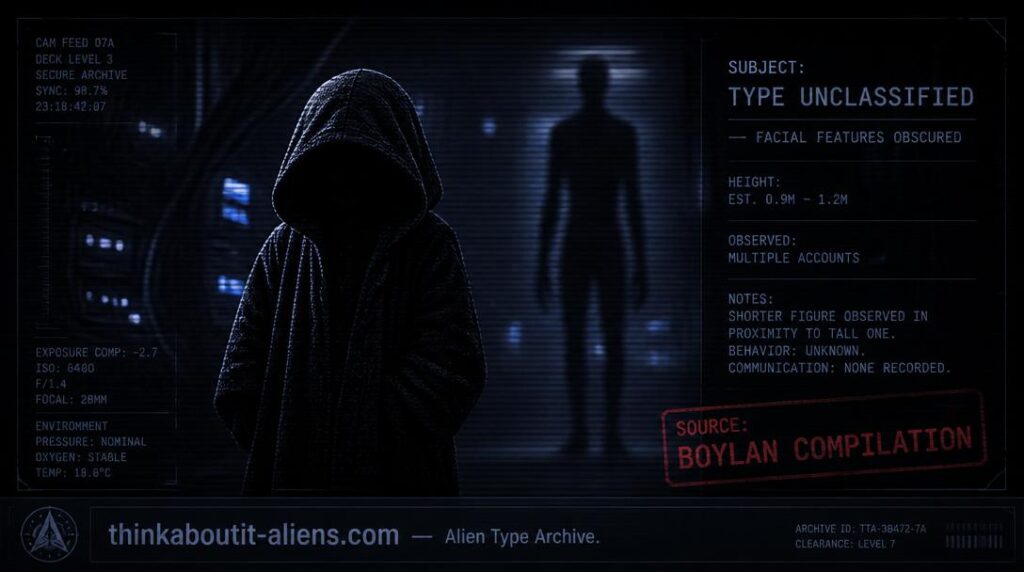 Dossier-style rendering of a short, hooded, robed figure with its face fully obscured in shadow, standing beside a taller silhouetted figure