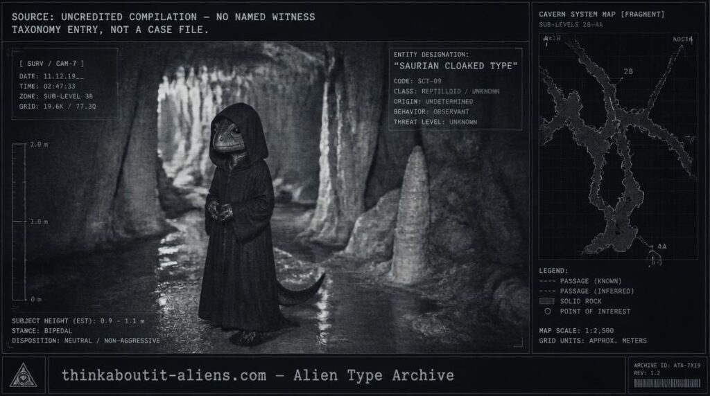 Dossier-style illustration of a robed Iguanoid reptilian sorcerer-caste entity in a limestone cavern