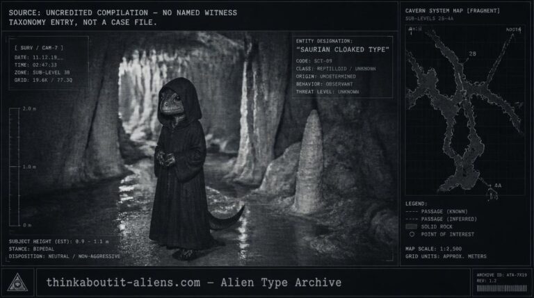 Dossier-style illustration of a robed Iguanoid reptilian sorcerer-caste entity in a limestone cavern