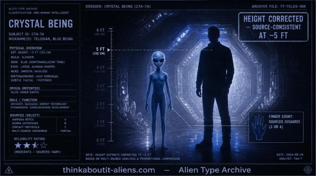 Dossier-style illustration of a small, blue-skinned humanoid figure with large almond eyes beside a glowing crystalline starship interior, with a corrected height marker.