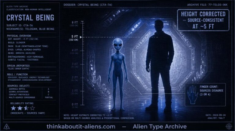 Dossier-style illustration of a small, blue-skinned humanoid figure with large almond eyes beside a glowing crystalline starship interior, with a corrected height marker.