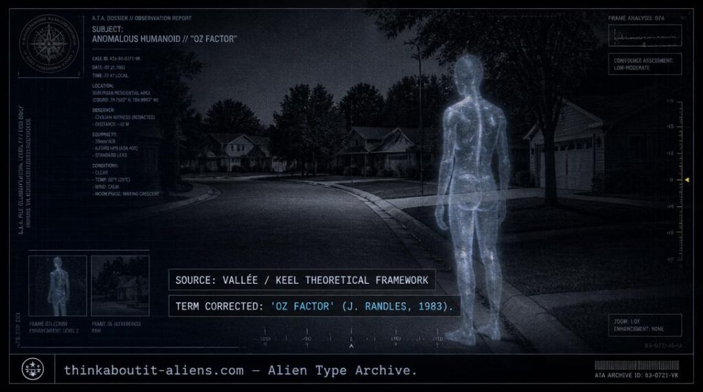 Dossier-style illustration of a translucent shadow-like figure on a silent street, representing the Interdimensional Entities concept