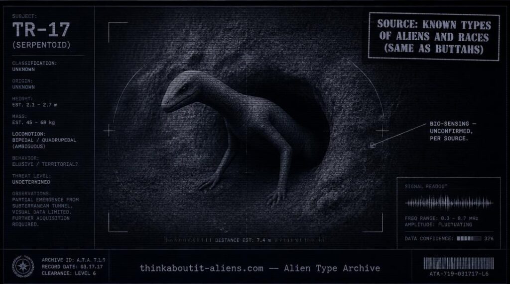 Dossier-style illustration of a serpentine reptilian figure partially emerged from an earthen tunnel wall, representing the sparsely-documented Burrowers entry.