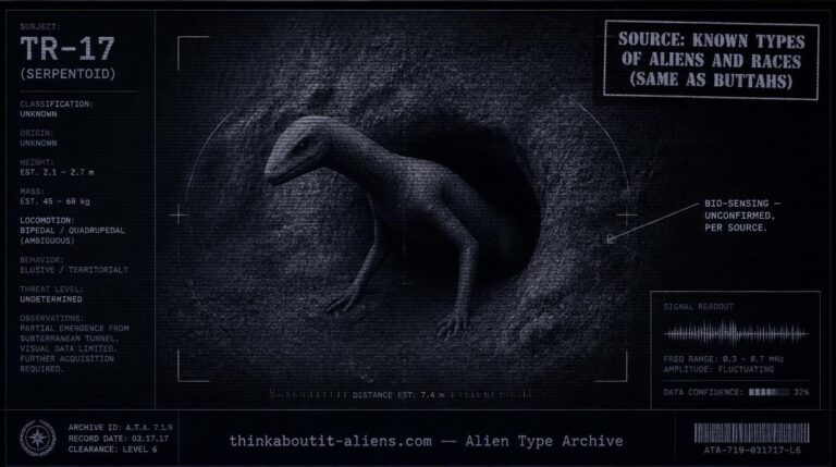 Dossier-style illustration of a serpentine reptilian figure partially emerged from an earthen tunnel wall, representing the sparsely-documented Burrowers entry.