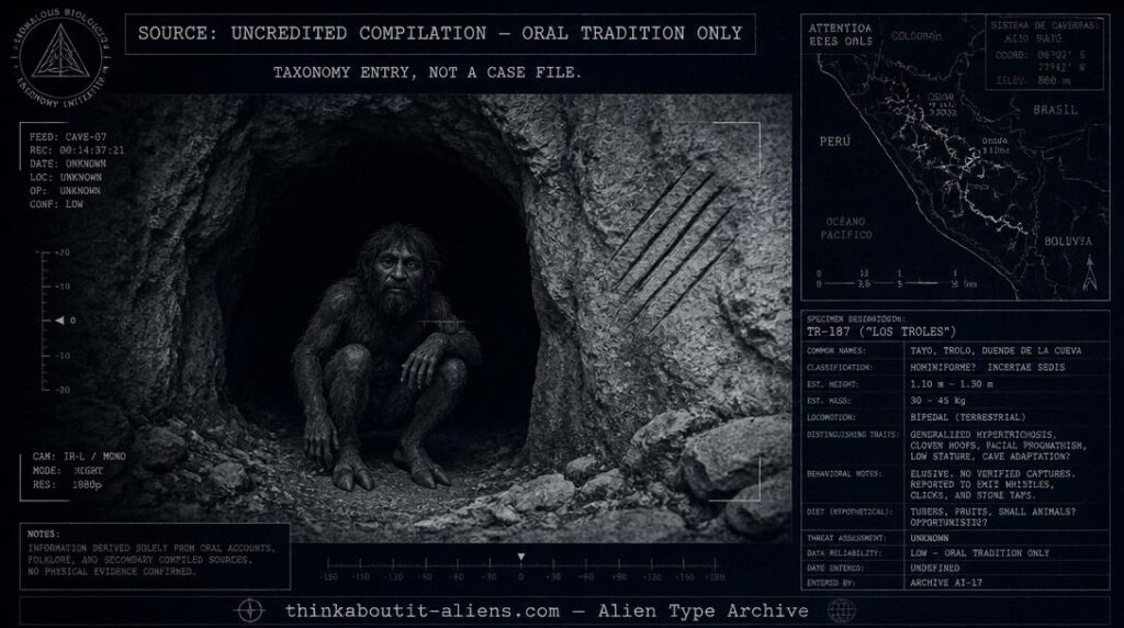 Dossier-style illustration of an Ikels (Satyr) cloven-hoofed subterranean humanoid at a cave entrance
