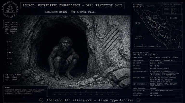 Dossier-style illustration of an Ikels (Satyr) cloven-hoofed subterranean humanoid at a cave entrance
