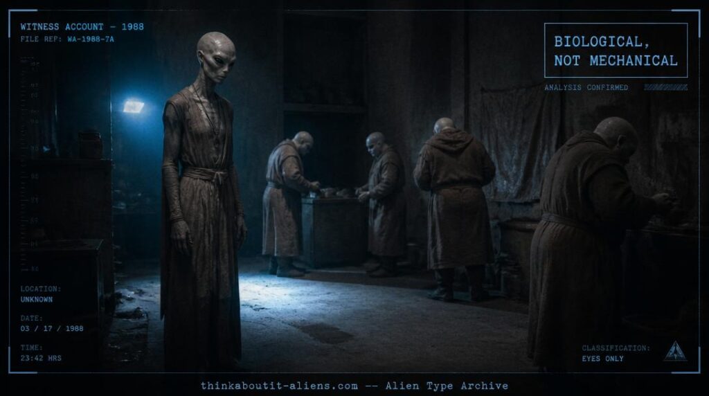 Tall willowy supervising figure and several shorter shroud-wearing worker figures in a dim room, illustrating the corrected Android/worker-being alien type