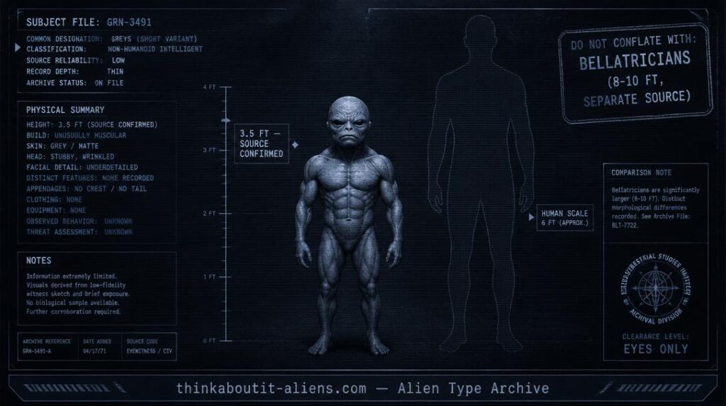 Dossier-style illustration of a short, muscular grey humanoid at 3.5 feet, with a faint taller silhouette in the background marked as a separate, unrelated type.