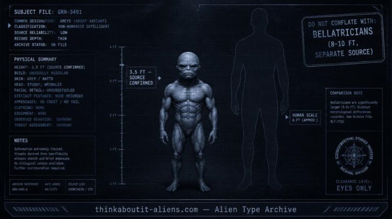 Dossier-style illustration of a short, muscular grey humanoid at 3.5 feet, with a faint taller silhouette in the background marked as a separate, unrelated type.