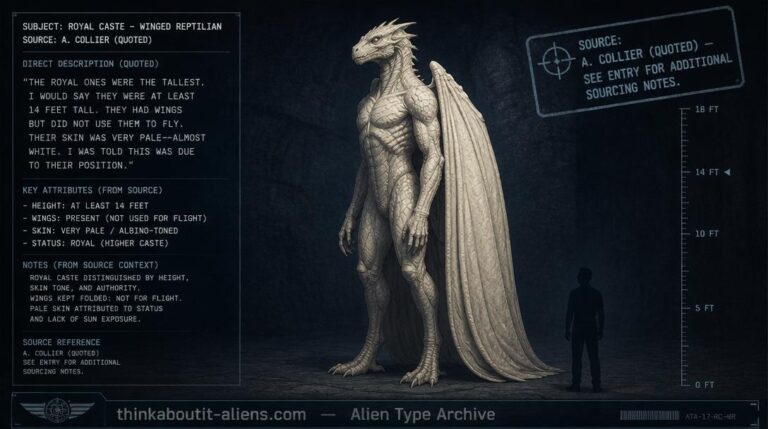 Archive illustration of a towering, winged, pale reptilian figure representing the Ciakar royal caste as described by contactee Alex Collier