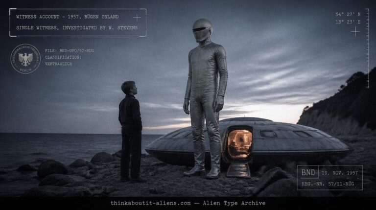 Very tall humanoid figure in a silver jumpsuit and helmet beside a disc-shaped craft on a Baltic shoreline at dusk, with a teenage boy nearby for scale, illustrating the 1957 Martin Wiesengrün Arian contact case