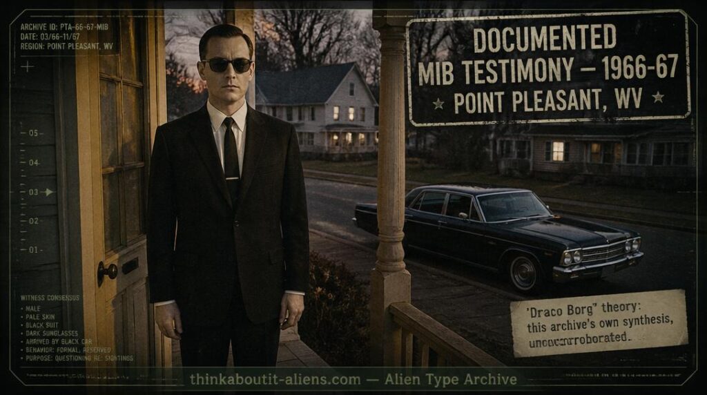 Archive illustration of a Men in Black figure in an ill-fitting suit and dark glasses on a 1966 West Virginia porch, based on documented MIB witness testimony