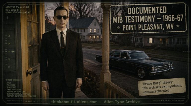 Archive illustration of a Men in Black figure in an ill-fitting suit and dark glasses on a 1966 West Virginia porch, based on documented MIB witness testimony