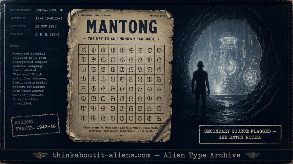 Illustration of an indistinct humanoid figure at a glowing cavern entrance beside a period pulp-magazine alphabet chart, styled as an archival dossier image