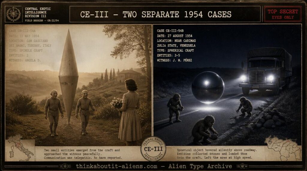Split archive illustration showing the 1954 Cennina, Italy encounter with small friendly humanoids and the 1954 Caracas, Venezuela encounter with hairy dwarf-like beings