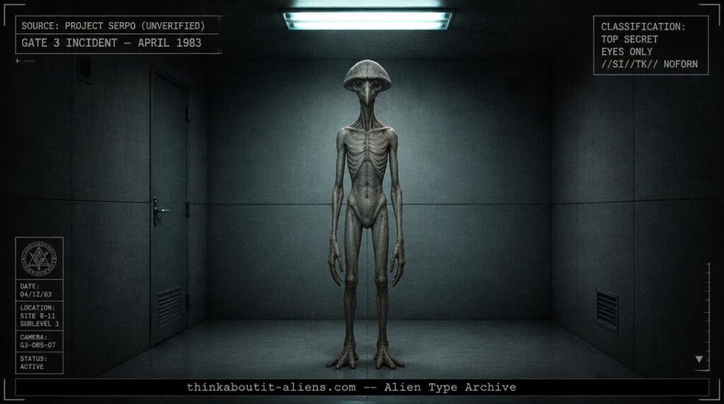 Tall gray-tan humanoid figure with a mushroom-shaped head and beaked nose in a stark containment chamber, illustrating the corrected Archquliod alien type from Project Serpo