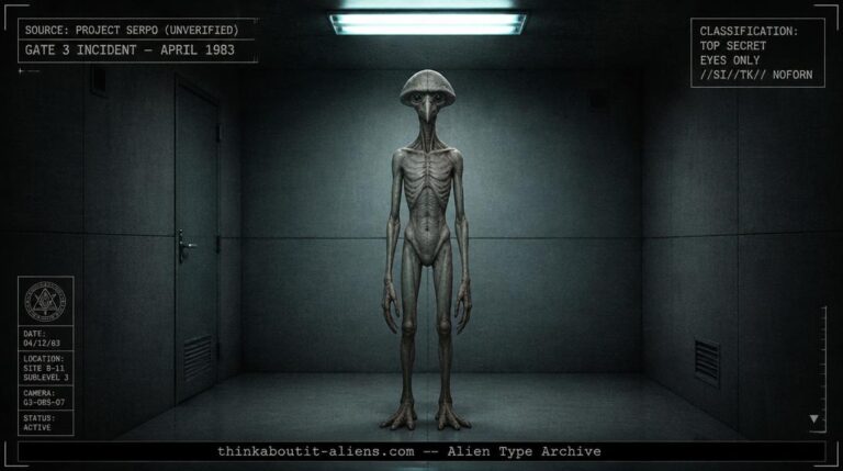 Tall gray-tan humanoid figure with a mushroom-shaped head and beaked nose in a stark containment chamber, illustrating the corrected Archquliod alien type from Project Serpo