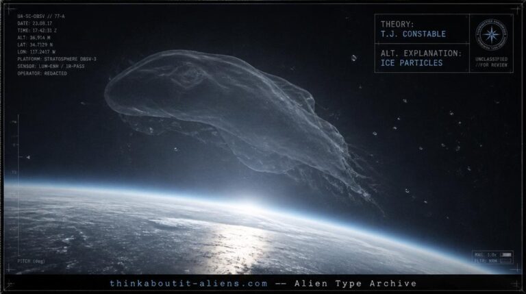 Faint translucent gelatinous mass drifting above Earth's curved horizon with glinting ice-crystal specks nearby, illustrating the Amoeba Like Creatures theory and its mainstream ice-particle explanation