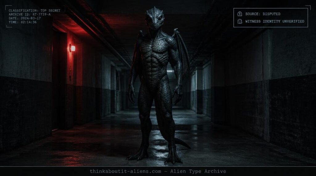 Tall dark-scaled winged reptilian humanoid figure in a dim underground corridor, illustrating the disputed Alpha-Draconian/Ciakar mythology