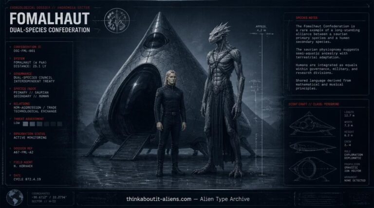 Illustration of the Fomalhaut Confederation, a dual-species human and Dinoid-Reptoid alliance