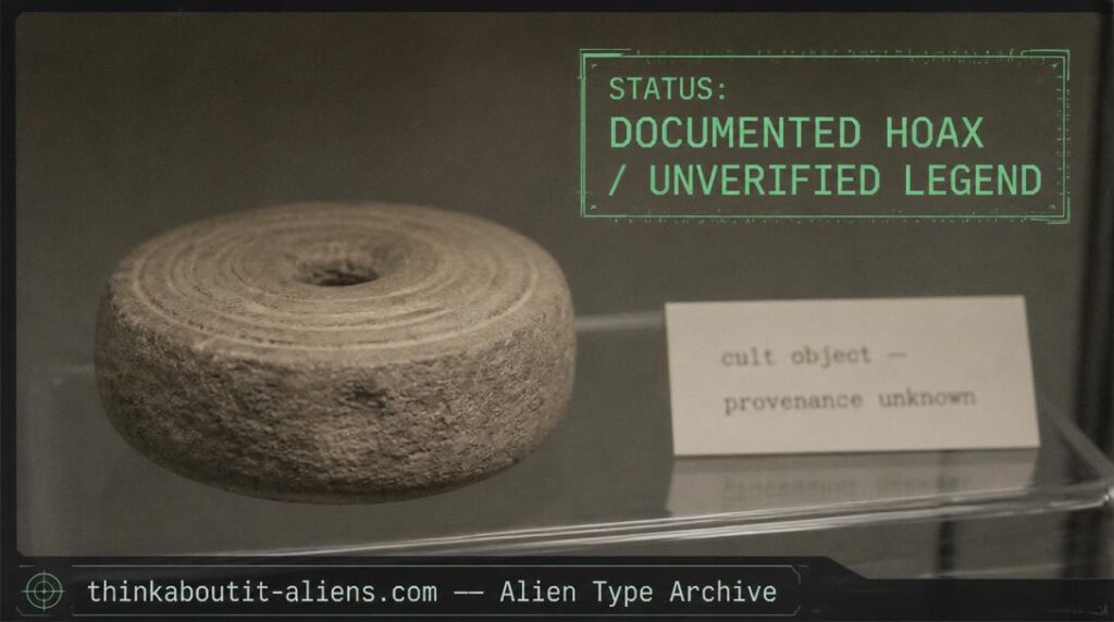 Archive illustration of an unremarkable grooved stone disc on a museum shelf, labeled with unknown provenance, representing the disputed Dropa Stones legend