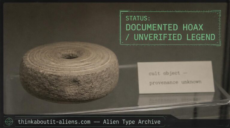 Archive illustration of an unremarkable grooved stone disc on a museum shelf, labeled with unknown provenance, representing the disputed Dropa Stones legend