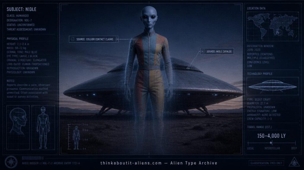 Illustration of a tall, pale-blue-skinned humanoid figure in a multicolored jumpsuit beside a sombrero-shaped scout craft at dusk, styled as a military intelligence dossier image