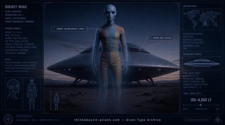 Illustration of a tall, pale-blue-skinned humanoid figure in a multicolored jumpsuit beside a sombrero-shaped scout craft at dusk, styled as a military intelligence dossier image