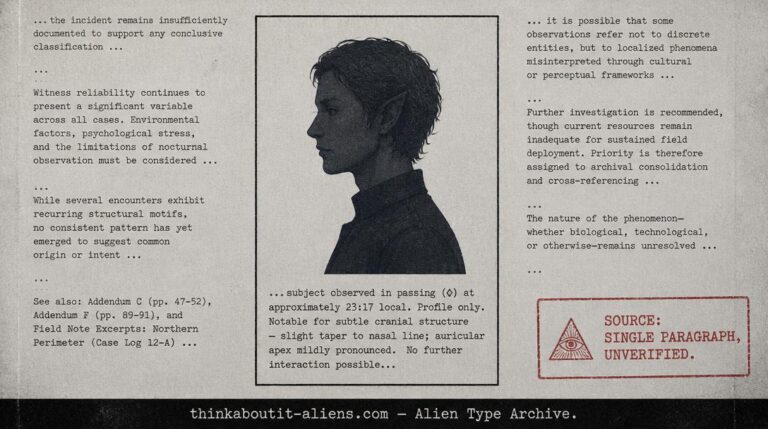 Dossier illustration of a humanoid figure with subtle feline facial features, representing the Catlike Lyran subgroup entry