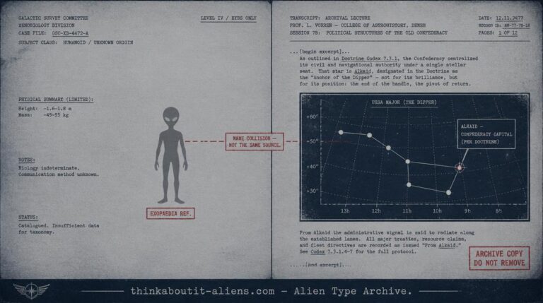 Split dossier illustration contrasting a thin Grey-alien reference with Scientology's Marcab Confederacy doctrine, showing they are unrelated
