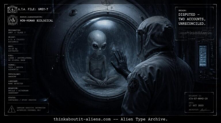 Dossier illustration of a small Grey entity in a sealed containment sphere, representing the corrected J-Rod/Meta-Terrestrial entry