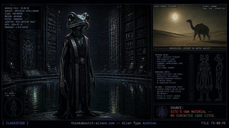 Dossier illustration of a frog-like Mintakan figure beside a pool in an archive chamber, with a desert vignette representing a contradictory account