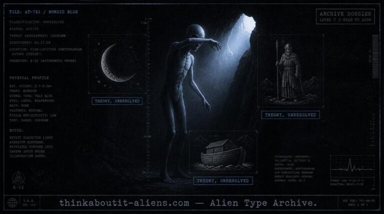 Dossier illustration of a tall, light-sensitive, pale blue-skinned Moon-Eyed figure shielding its eyes from cave light