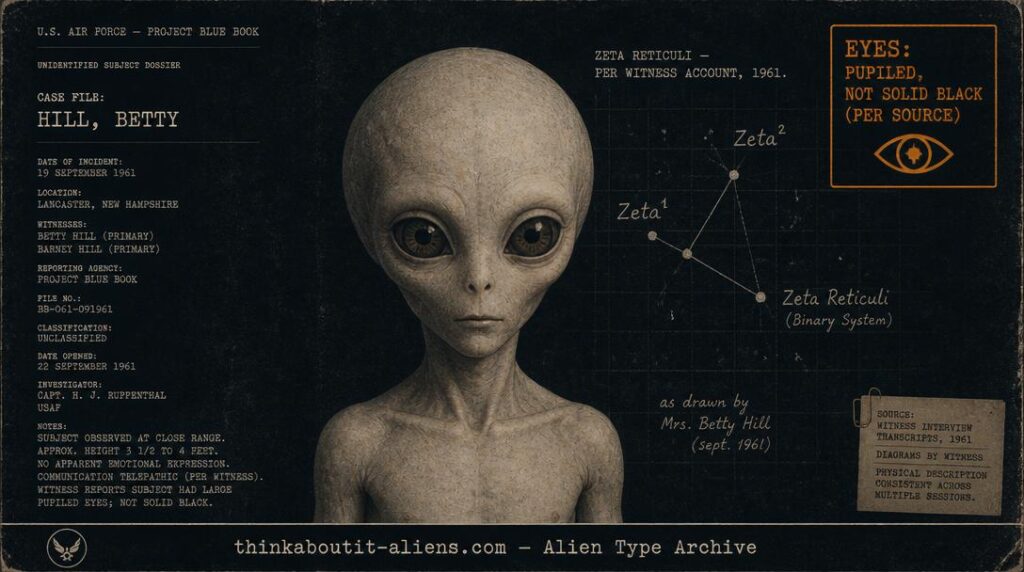 Dossier illustration of a small fetal-faced Neonate figure with visible pupiled eyes, referencing the 1961 Betty and Barney Hill abduction