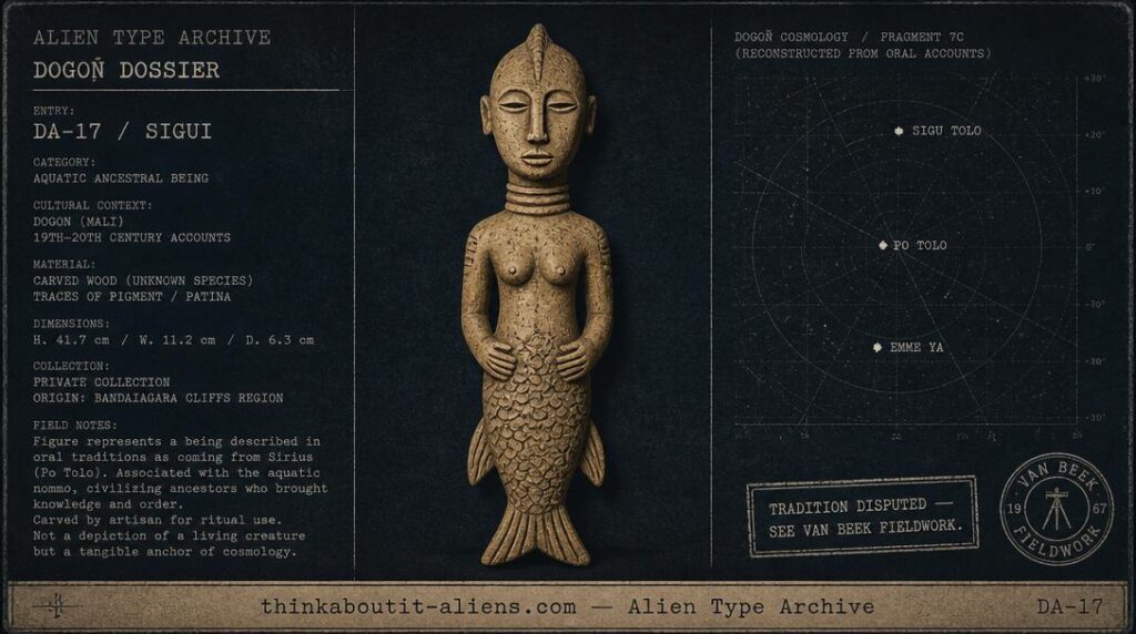 Dossier illustration of a carved Dogon-style amphibious figure beside a labeled star chart noting anthropological dispute