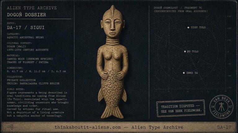 Dossier illustration of a carved Dogon-style amphibious figure beside a labeled star chart noting anthropological dispute