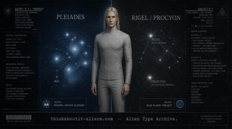Illustration of a tall, blond, human-proportioned figure standing between two labeled star-map overlays reading Pleiades and Rigel/Procyon, styled as an archival dossier image